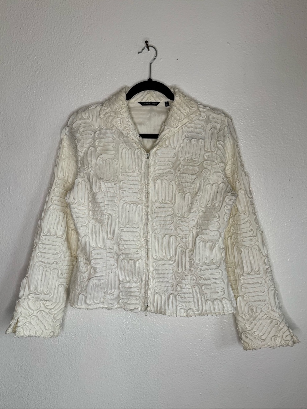 Samuel Dong Ivory Textured Zip 3D Rosette Ribbon Jacket Blazer Sz S